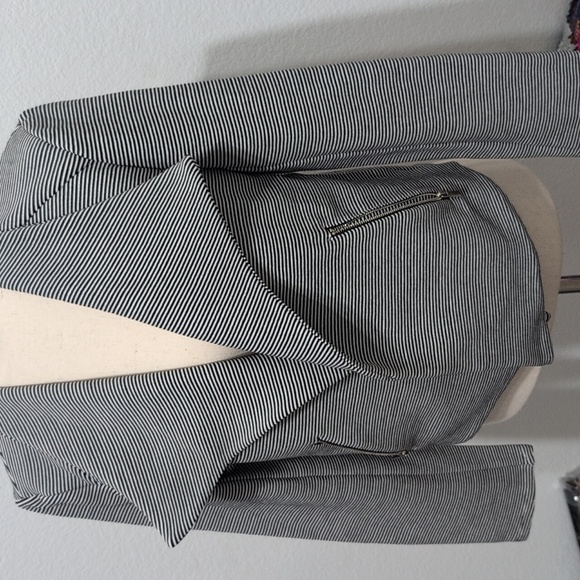 Premise Textured Black & White Striped Open Blazer Zippered Pockets Women Small - Picture 2 of 10
